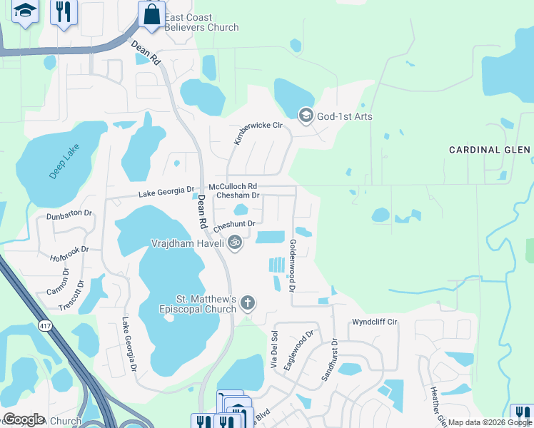 map of restaurants, bars, coffee shops, grocery stores, and more near 10148 Cheshunt Drive in Orlando