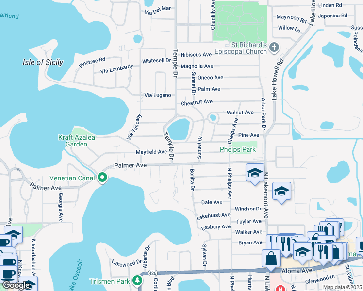 map of restaurants, bars, coffee shops, grocery stores, and more near 1310 Lake Knowles Circle in Winter Park