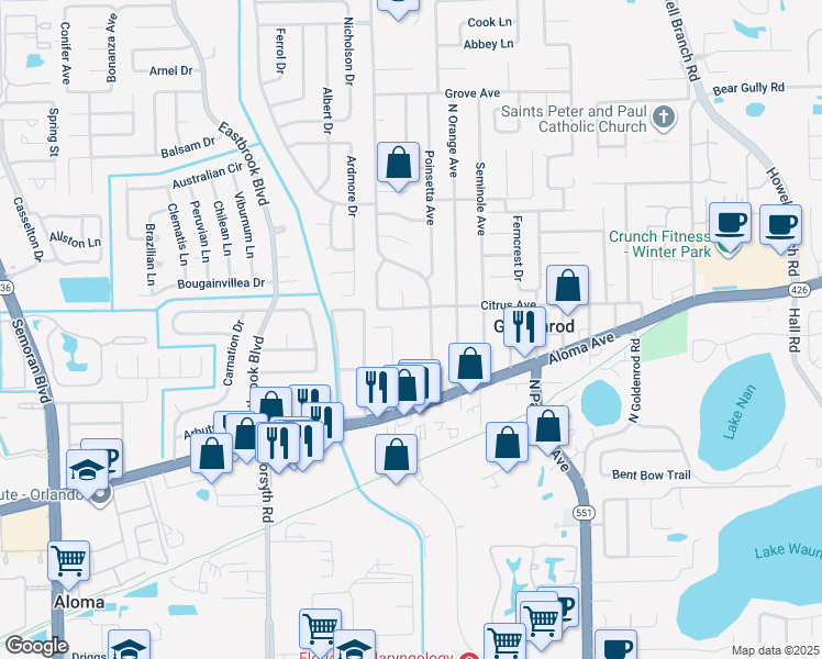 map of restaurants, bars, coffee shops, grocery stores, and more near 4894 Tangerine Avenue in Winter Park