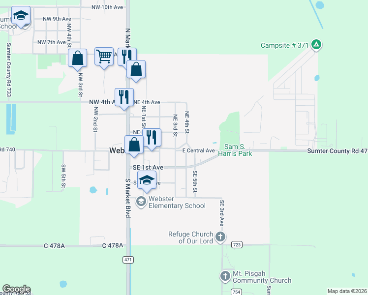map of restaurants, bars, coffee shops, grocery stores, and more near 28 Southeast 4th Street in Webster