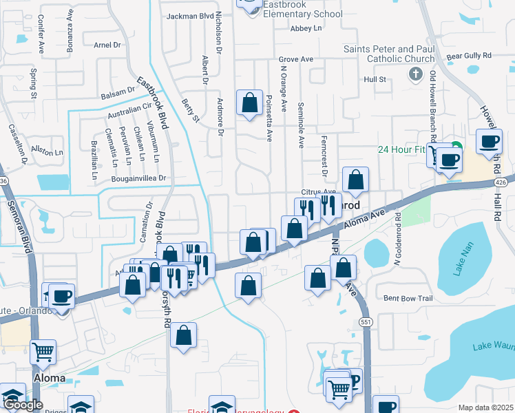 map of restaurants, bars, coffee shops, grocery stores, and more near 4954 Tangerine Avenue in Winter Park