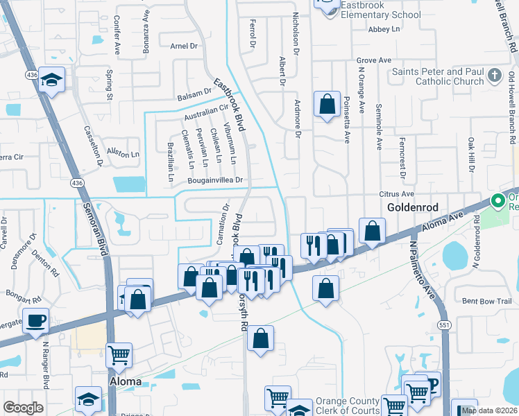 map of restaurants, bars, coffee shops, grocery stores, and more near 3649 Hedgewood Drive in Winter Park