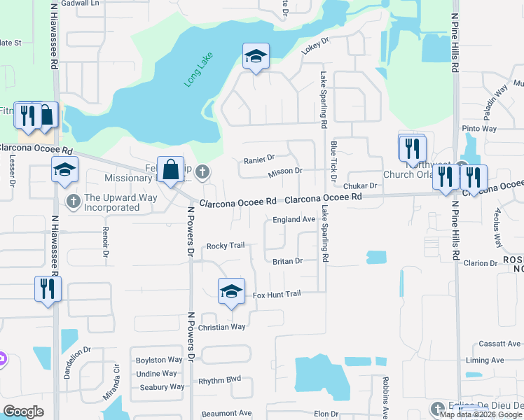 map of restaurants, bars, coffee shops, grocery stores, and more near 6055 Clarcona Ocoee Road in Orlando