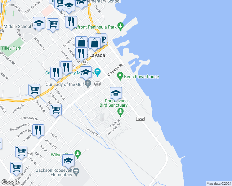map of restaurants, bars, coffee shops, grocery stores, and more near 524 South Virginia Street in Port Lavaca