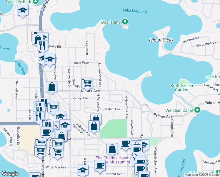 map of restaurants, bars, coffee shops, grocery stores, and more near 1300 Raintree Place in Winter Park