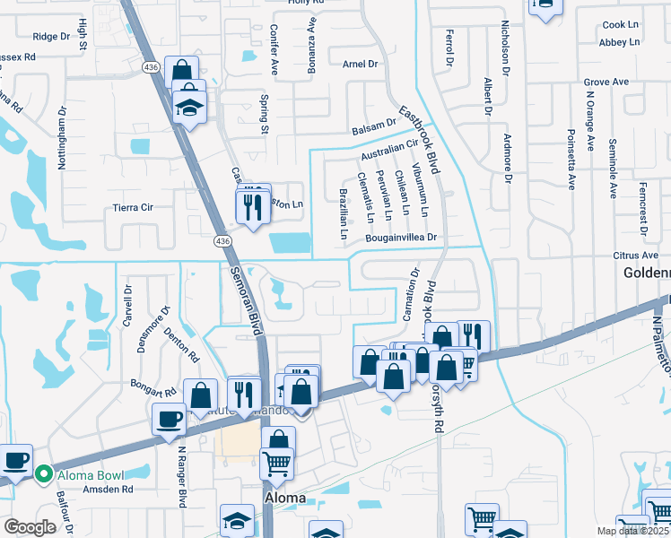 map of restaurants, bars, coffee shops, grocery stores, and more near 3250 Bishop Park Drive in Winter Park