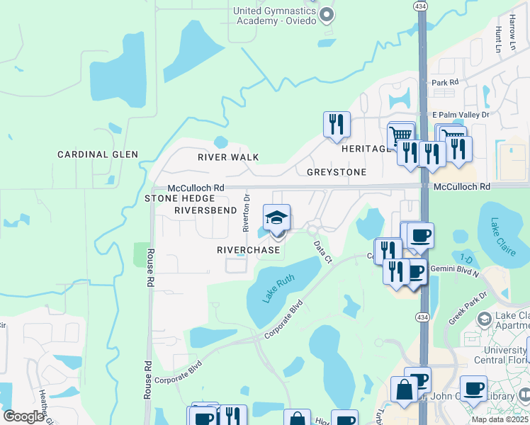 map of restaurants, bars, coffee shops, grocery stores, and more near 11648 McCulloch Road in Orlando