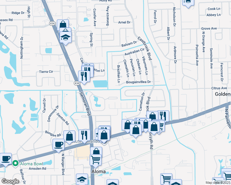 map of restaurants, bars, coffee shops, grocery stores, and more near 3332 Bougainvillea Drive in Winter Park