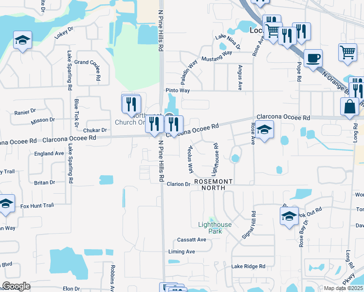 map of restaurants, bars, coffee shops, grocery stores, and more near 5461 Oak Cluster Terrace in Orlando