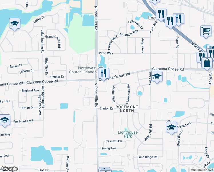 map of restaurants, bars, coffee shops, grocery stores, and more near 5461 Oak Cluster Terrace in Orlando