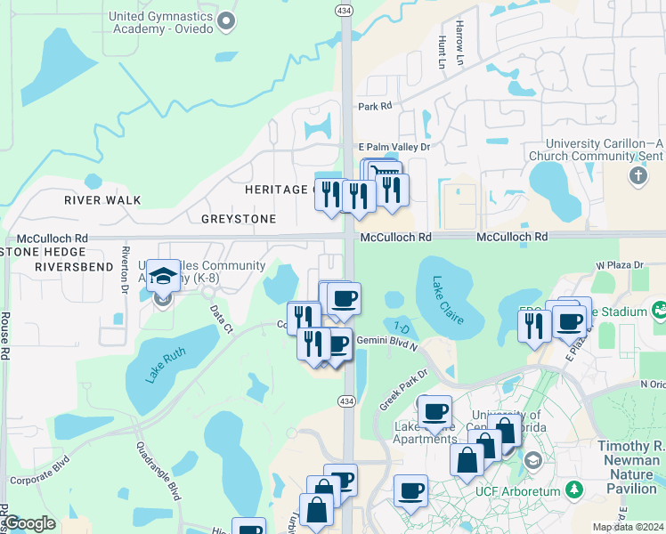 map of restaurants, bars, coffee shops, grocery stores, and more near Silver Knight Way in Orlando