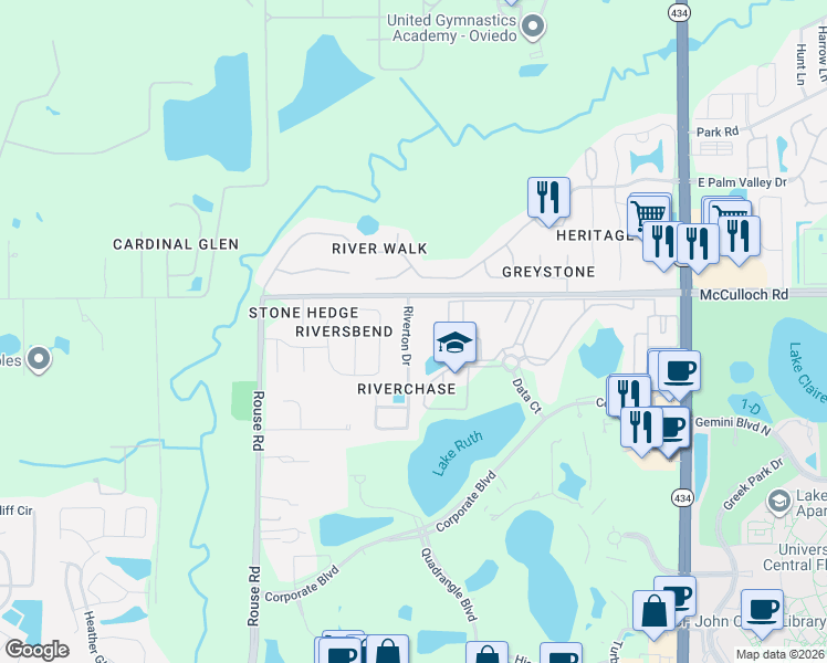 map of restaurants, bars, coffee shops, grocery stores, and more near 11648 County Line Road in Oviedo
