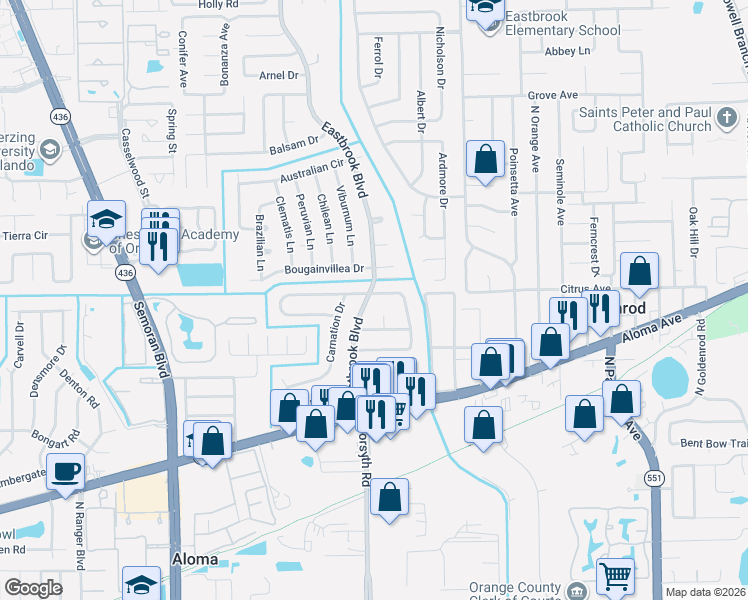 map of restaurants, bars, coffee shops, grocery stores, and more near 1118 Eastbrook Boulevard in Winter Park