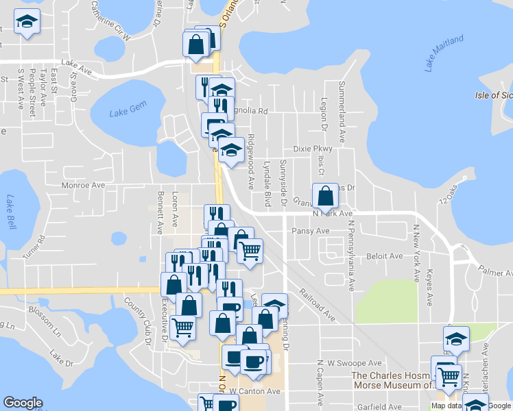 map of restaurants, bars, coffee shops, grocery stores, and more near 1346 Ridgewood Avenue in Winter Park