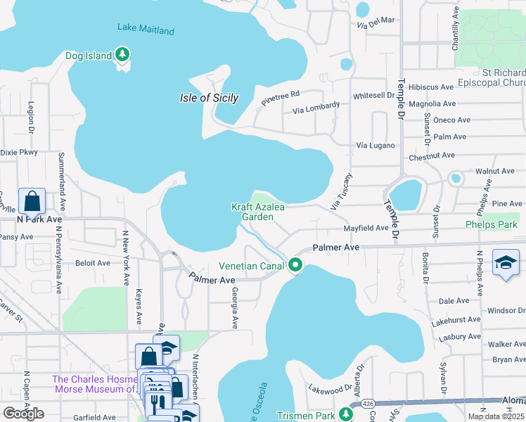 map of restaurants, bars, coffee shops, grocery stores, and more near 1429 Alabama Drive in Winter Park