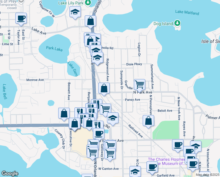 map of restaurants, bars, coffee shops, grocery stores, and more near 1346 Ridgewood Avenue in Winter Park