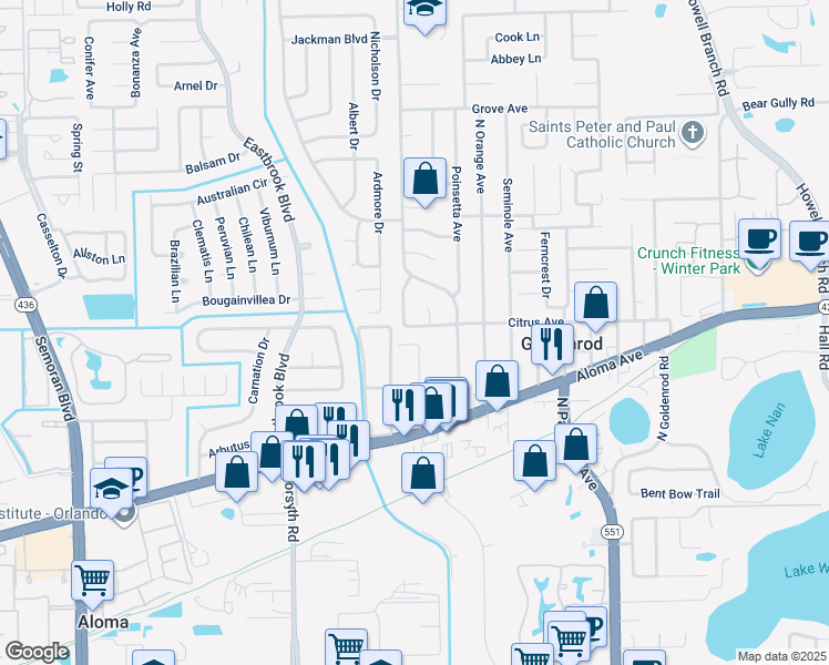 map of restaurants, bars, coffee shops, grocery stores, and more near 7140 Citrus Avenue in Winter Park