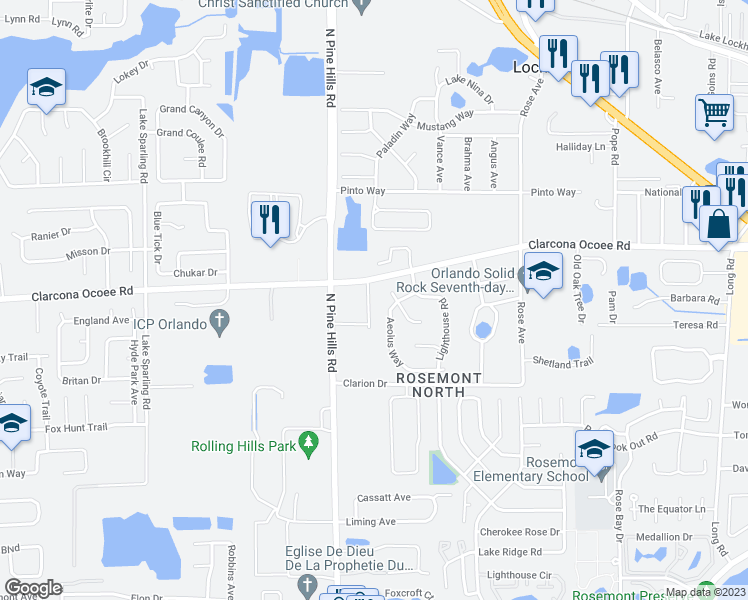 map of restaurants, bars, coffee shops, grocery stores, and more near 5461 Oak Cluster Terrace in Orlando