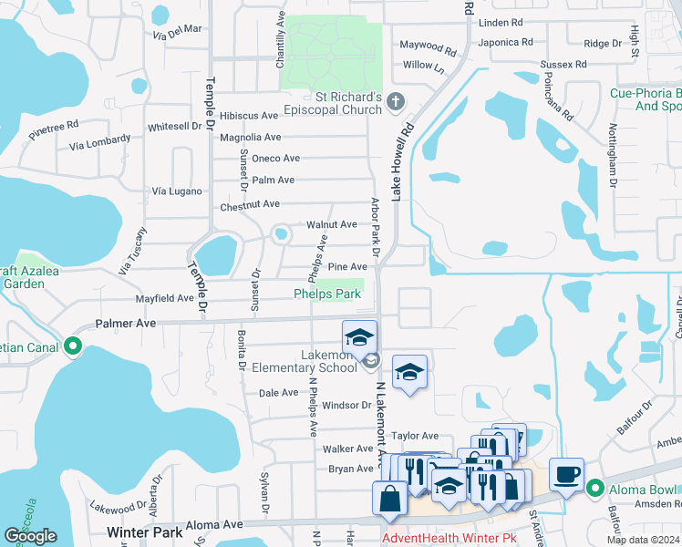map of restaurants, bars, coffee shops, grocery stores, and more near 1732 Pine Ave in Winter Park