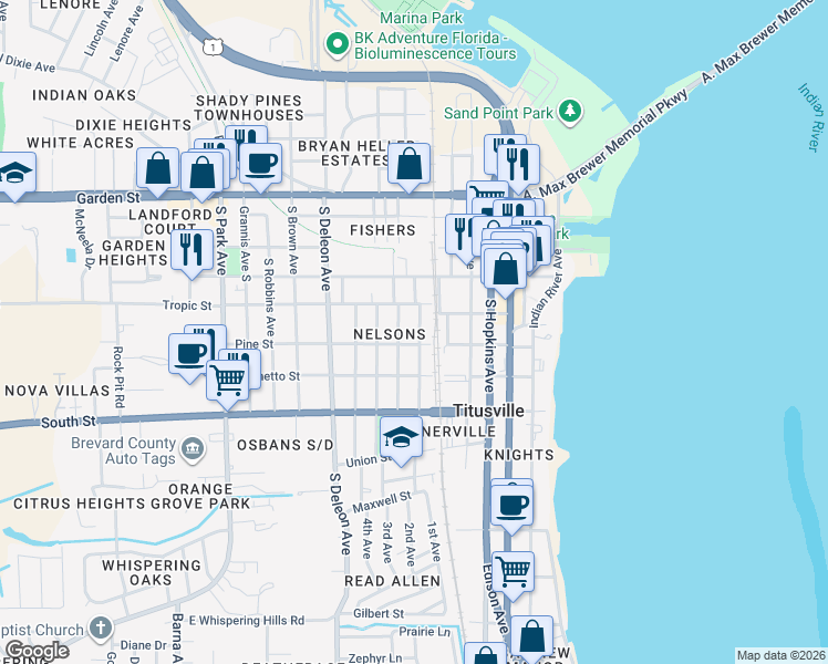 map of restaurants, bars, coffee shops, grocery stores, and more near 415 Dummitt Avenue in Titusville