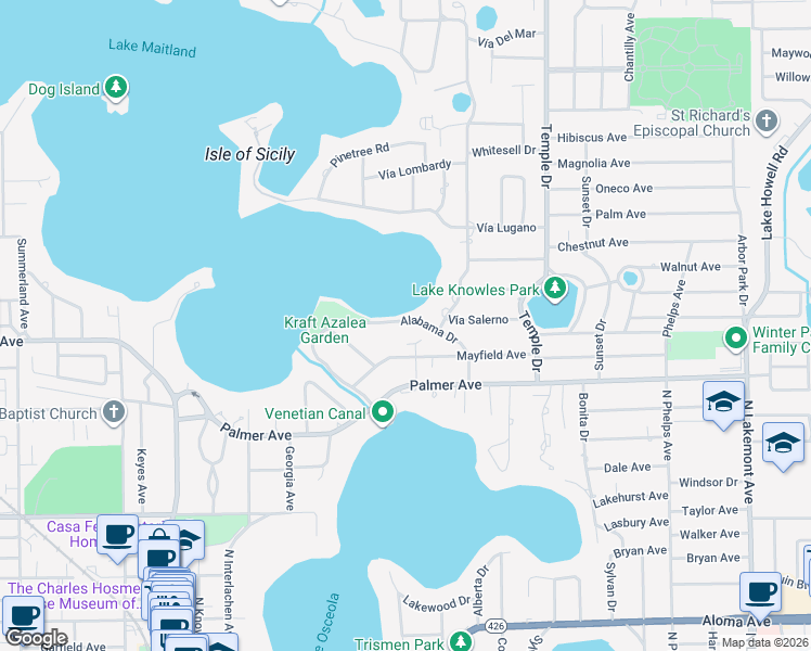 map of restaurants, bars, coffee shops, grocery stores, and more near 1529 Alabama Drive in Winter Park