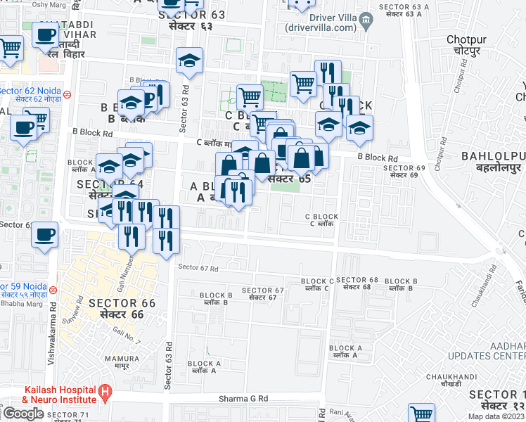 map of restaurants, bars, coffee shops, grocery stores, and more near in Noida