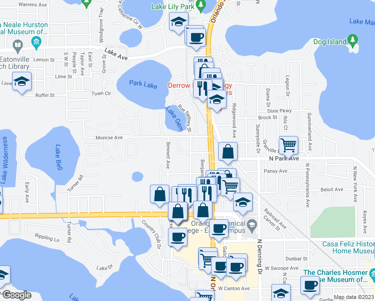 map of restaurants, bars, coffee shops, grocery stores, and more near 1305 Lewis Drive in Winter Park
