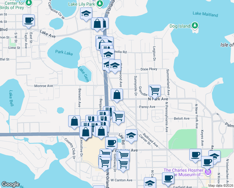 map of restaurants, bars, coffee shops, grocery stores, and more near 2150 North Park Avenue in Winter Park