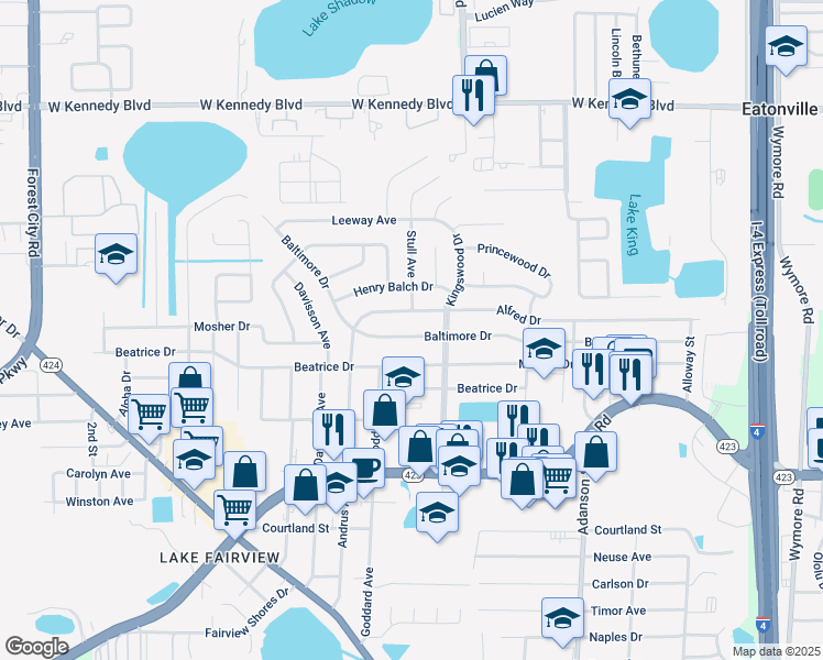 map of restaurants, bars, coffee shops, grocery stores, and more near 1217 Baltimore Drive in Orlando