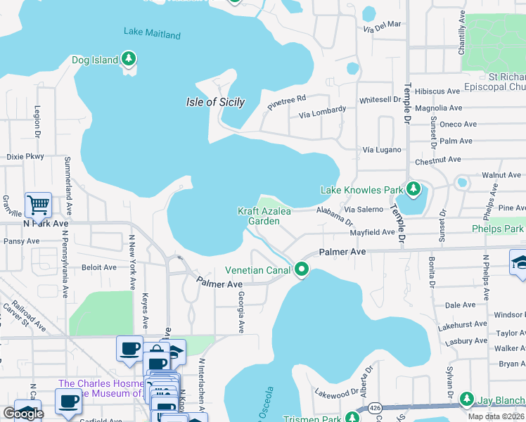 map of restaurants, bars, coffee shops, grocery stores, and more near 1429 Alabama Drive in Winter Park