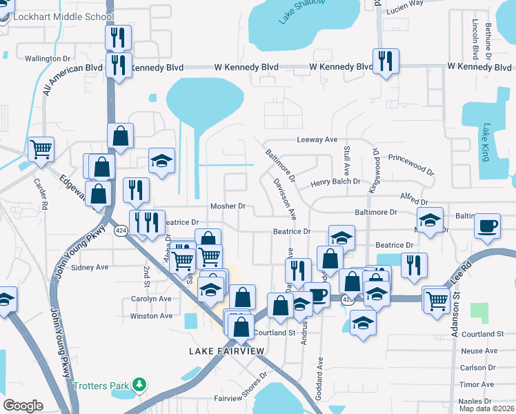 map of restaurants, bars, coffee shops, grocery stores, and more near 1807 Mosher Drive in Orlando