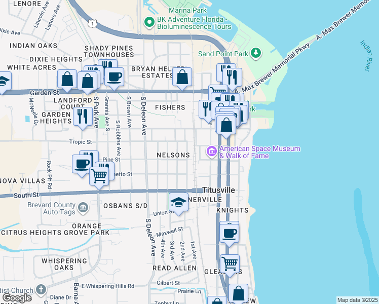 map of restaurants, bars, coffee shops, grocery stores, and more near 415 Dummitt Avenue in Titusville