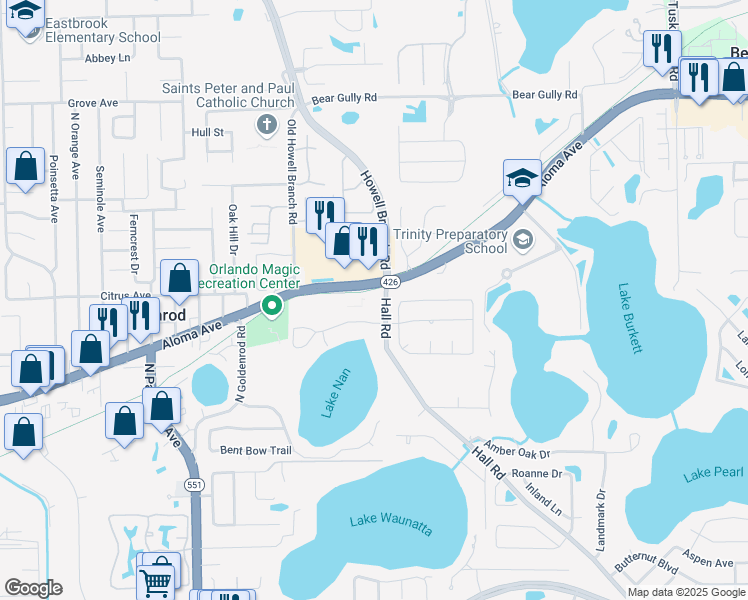 map of restaurants, bars, coffee shops, grocery stores, and more near 4980 Hall Road in Orlando