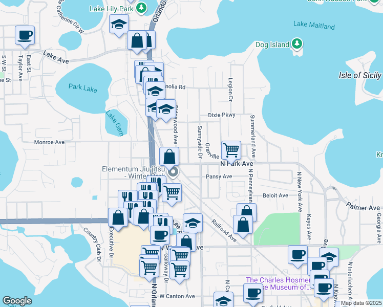 map of restaurants, bars, coffee shops, grocery stores, and more near 1365 Sunnyside Drive in Winter Park