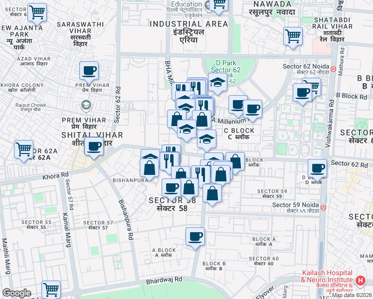 map of restaurants, bars, coffee shops, grocery stores, and more near in Noida