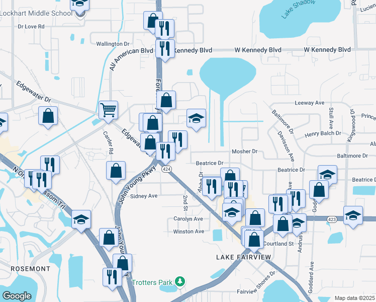 map of restaurants, bars, coffee shops, grocery stores, and more near 5412 Milan Drive in Orlando
