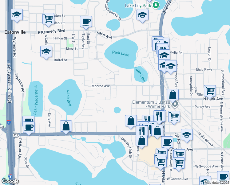map of restaurants, bars, coffee shops, grocery stores, and more near 127 Oak Grove Road in Winter Park