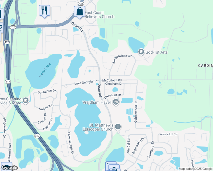 map of restaurants, bars, coffee shops, grocery stores, and more near 10050 Chesham Drive in Orlando