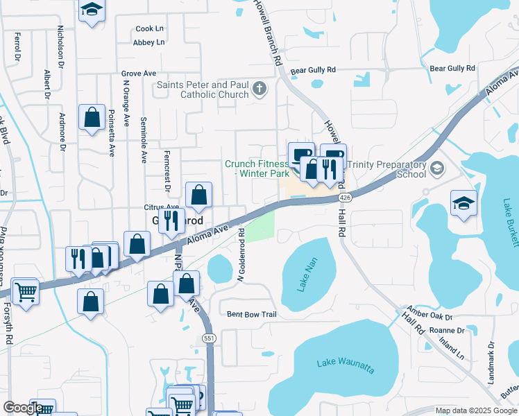 map of restaurants, bars, coffee shops, grocery stores, and more near 7637 Aloma Avenue in Winter Park
