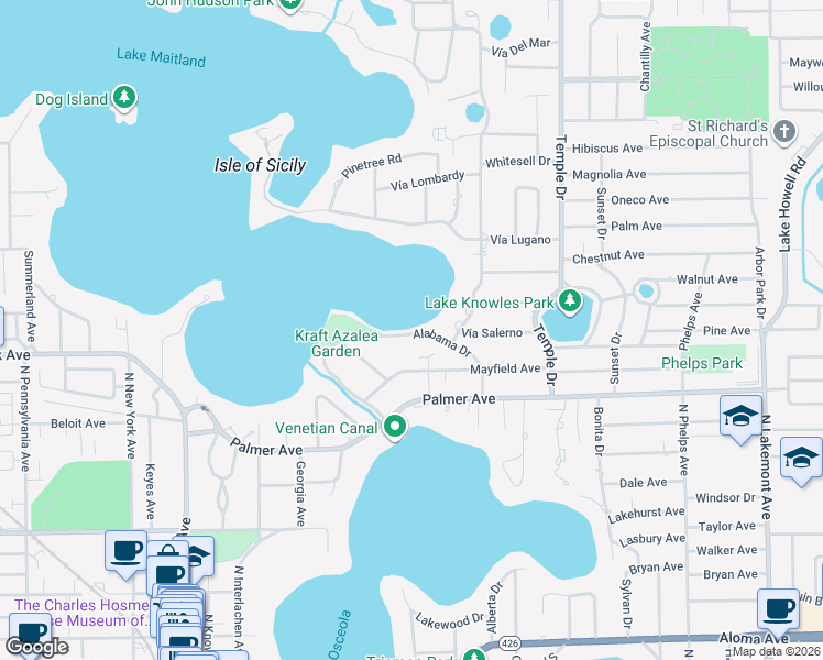 map of restaurants, bars, coffee shops, grocery stores, and more near 1529 Alabama Drive in Winter Park