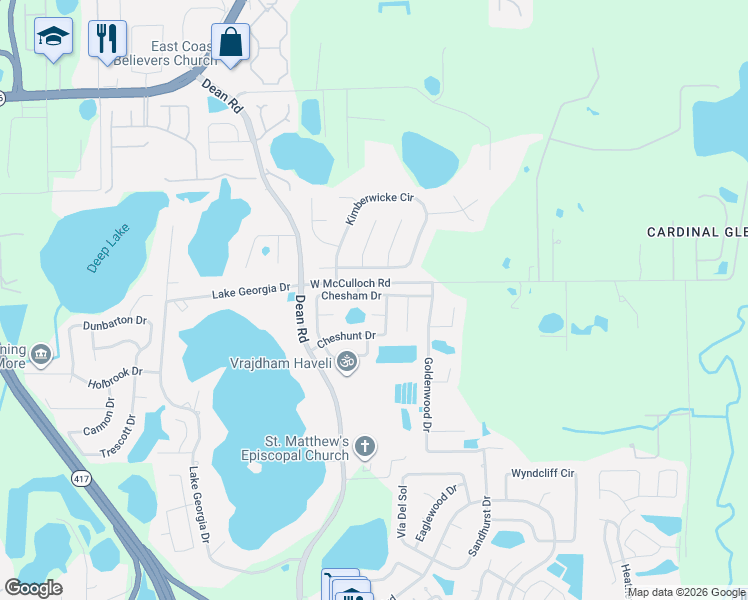 map of restaurants, bars, coffee shops, grocery stores, and more near 10128 Chesham Drive in Orlando