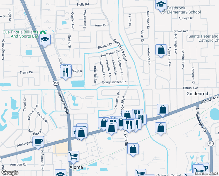 map of restaurants, bars, coffee shops, grocery stores, and more near 3475 Seagrape Drive in Winter Park