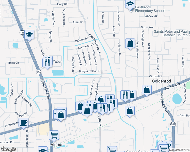 map of restaurants, bars, coffee shops, grocery stores, and more near 3505 Seagrape Drive in Winter Park