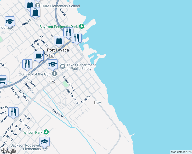 map of restaurants, bars, coffee shops, grocery stores, and more near 704 South Guadalupe Street in Port Lavaca