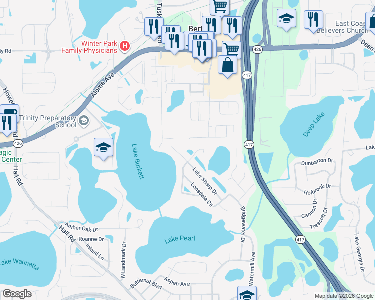 map of restaurants, bars, coffee shops, grocery stores, and more near 9235 Lake Sharp Court in Orlando
