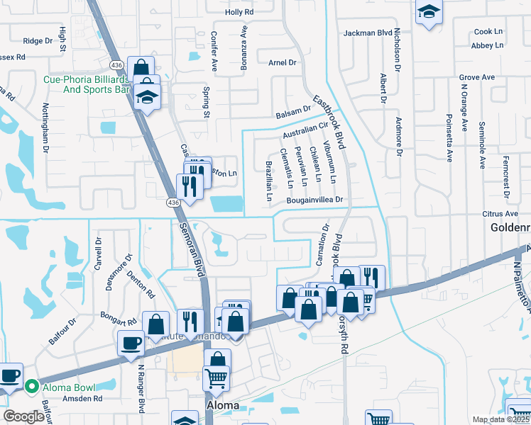 map of restaurants, bars, coffee shops, grocery stores, and more near 3332 Bougainvillea Drive in Winter Park
