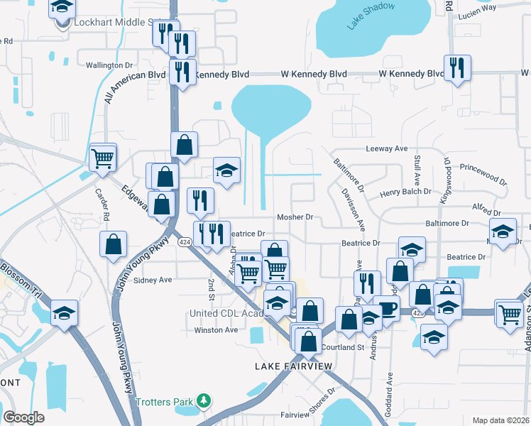 map of restaurants, bars, coffee shops, grocery stores, and more near 2007 Mosher Drive in Orlando