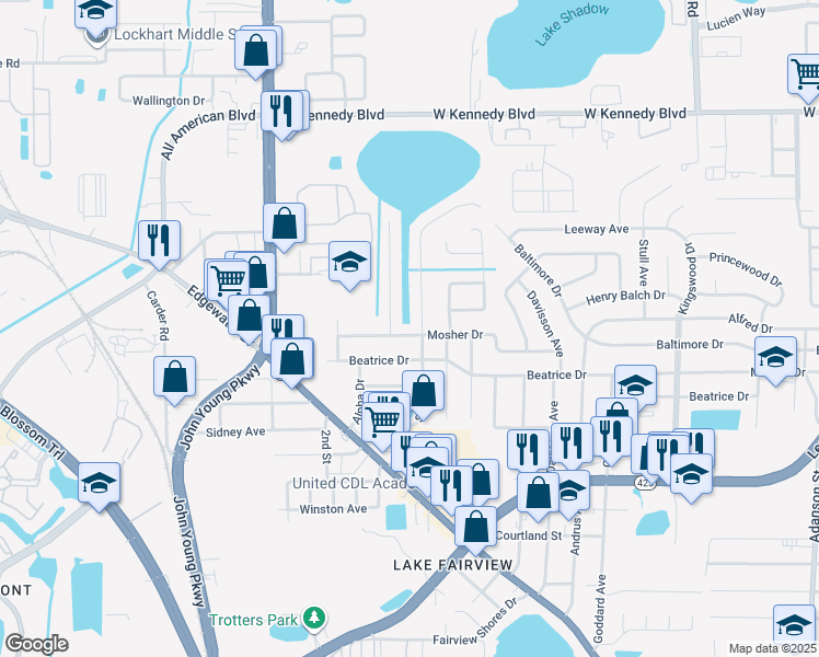 map of restaurants, bars, coffee shops, grocery stores, and more near 2007 Mosher Drive in Orlando