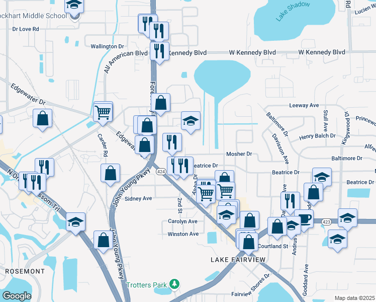 map of restaurants, bars, coffee shops, grocery stores, and more near 5412 Milan Drive in Orlando