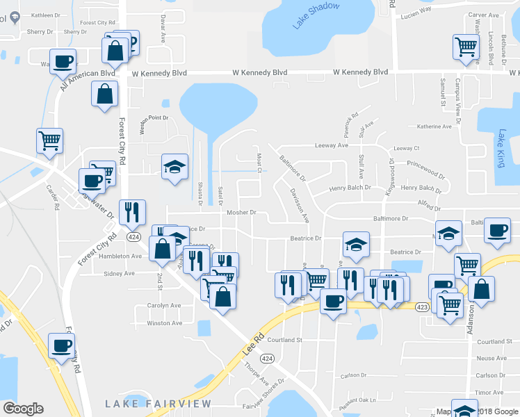 map of restaurants, bars, coffee shops, grocery stores, and more near 1807 Mosher Drive in Orlando
